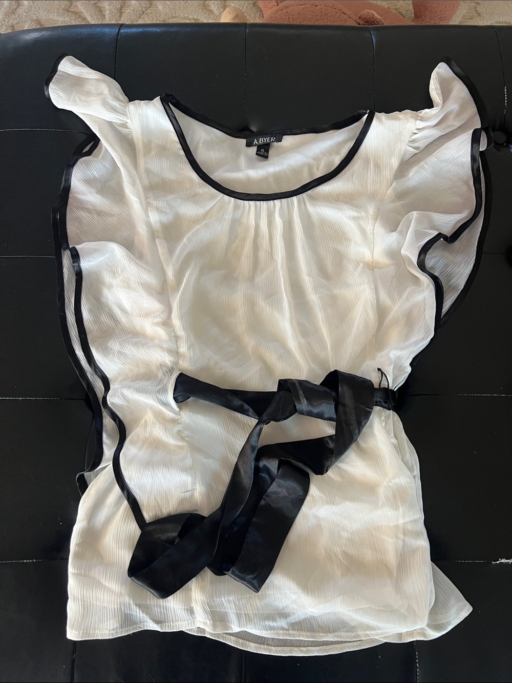 A. Byer White Sheer Flutter Sleeve Blouse with Black Trim